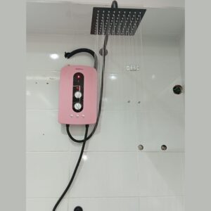 Pink Water heater with inbuilt booster pump & Elegant Black Top shower