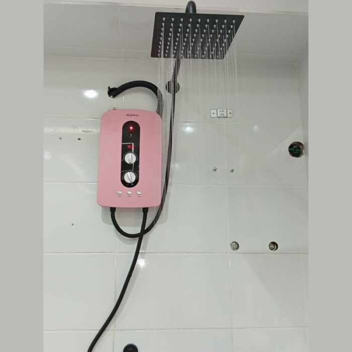 Pink Water heater with inbuilt booster pump & Elegant Black Top shower