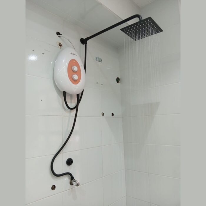 White Water heater with inbuilt booster pump & Elegant Black Top shower